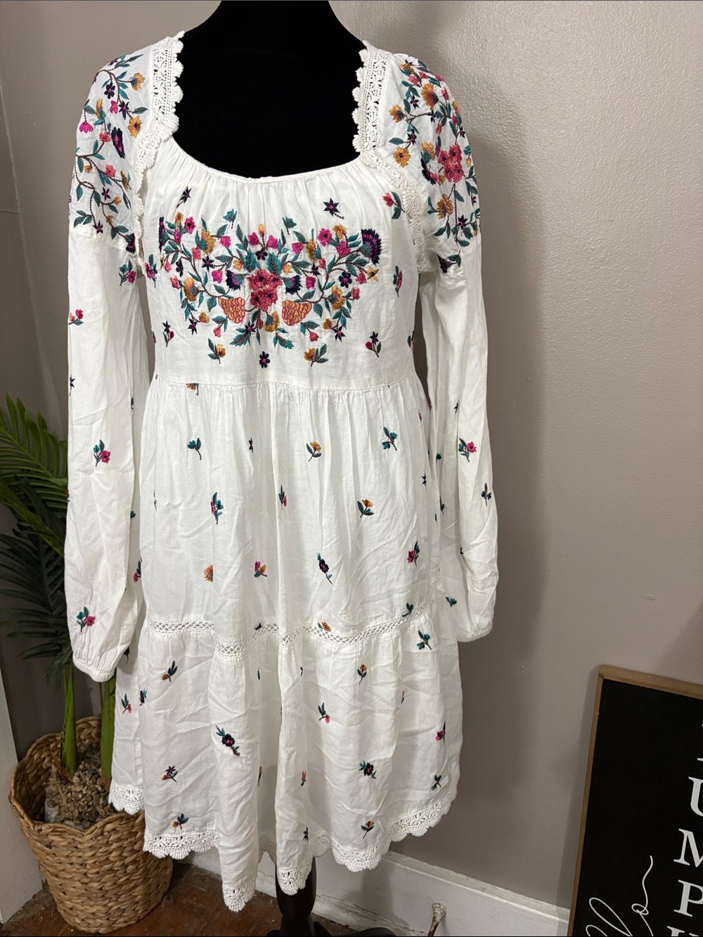 Anthropologie Maeve Sydney Embroidered Peasant Mini Dress White XS Boho